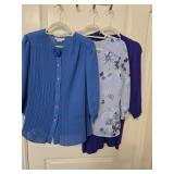 (2) Blue Blouses & (1) Open Front Purple Cardigan