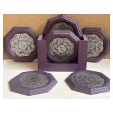 Vintage Wood And Embossed Metal Coasters In
