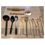 Wooden Kitchen Utensils. (2) Plastic Spoons & (
