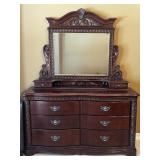 Dark Cherry Wood Traditional Dresser and Mirror