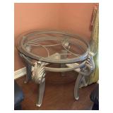 Round Glass Top Accent Table W/An Ornate Carved