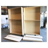 2 pressboard shelving units: right one is 48"w x