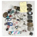assorted jewelry, belt buckles