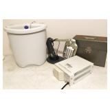 power supply, shredder, desk lamp, metal storage