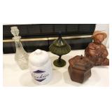 cookie jars, decanter, box