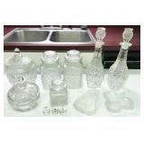 pressed glass decanters, canisters, covered jar,
