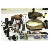 sportsmans lot: knives, multi tool, animated duck