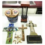 crosses, dream catcher, sewing box, chimes