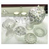 pressed glass bowls/bottles, covered jar