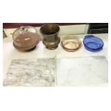 marble and glass cutting boards, bowls, covered