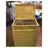 wicker hamper, small rug, mirrors, plastic stool,
