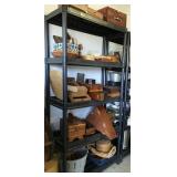 shelving unit and contents: wooden boxes,