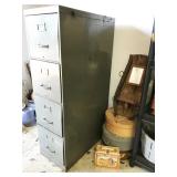 file cabinet, metal lunch box, hat boxes, mirror