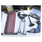 VINTAGE car horns, electric drills, jig saw,
