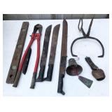machetes, bolt cutter, levels, bells, ice tongs,