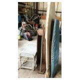 ironing boards, wicker stool, wooden toolbox