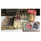 Coca-Cola lot: bottles, tins, wooden crate,