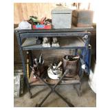 shelf, tools, lug wrench, wood boxes, vinyl tile