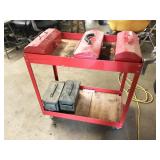 red cart and contents: toolboxes, tools, cables red cart and contents: toolboxes, tools, cables