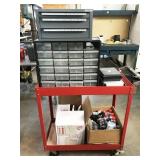 rolling red cart and contents: fasteners, drills,