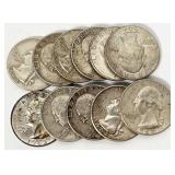 11pc Washington silver quarters: 1964 (3pc),