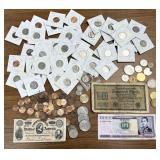 assorted coins & currency: Adams golden dollar,