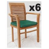6pc Teak Stack Chairs with cushions, 25"x19"x37.5"