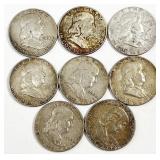 8pc Franklin silver half dollars: 1963-D, 1962-D