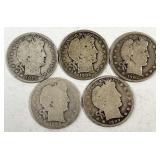 5pc Barber silver half dollars: 1915-S, 1906-D,