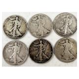 6pc Walking Liberty silver half dollars: 1939,