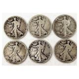 6pc Walking Liberty silver half dollars: 1920-S,
