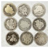 9pc Barber silver dimes: 1901, 1905-O, 1909 (x2),