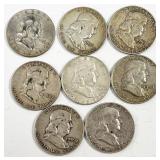8pc Franklin silver half dollars: 1959-D, 1959,