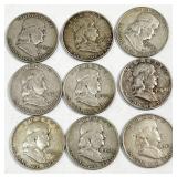 9pc Franklin silver half dollars: 1954-D (x5),