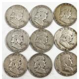 9pc Franklin silver half dollars: 1952-D (x6),