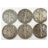 6pc Walking Liberty silver half dollars: 1947-D,