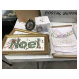 misc lot - framed art, handmade linens, Ladro