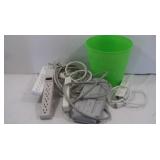 Power Strip Lot & Plastic Waste Can