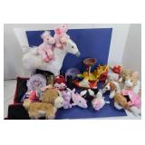 Toy Lot in Plastic Hamper-Stuffed Animals, Mattel