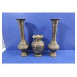 3 Vintage Decor Brass Vases(2-12"H, 1-7"H)