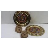 2 Mexican Brass Art Plates & 2 Wall Hangings