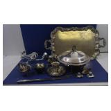 Silver-plated Items-Tray, Bowl w/Lid, Candle