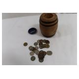 Vintage Bus Fare Tokens in a small Barrel