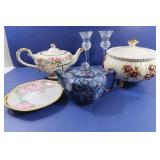 2 English Teapots, 2 Etched Stemware, Decorative