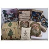 8 Christmas Themed Throw Pillows w/Bin