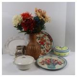 Covered Bowls, Platters, Flowers in Vase & Jar