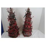 2 Red Berry & Vine Christmas Trees w/Lights-24"H