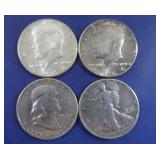 4-90% Silver Half Dollars(1-1944,1-1951,2-1964)