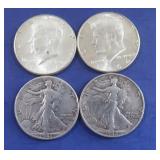 4-90% Half Dollars-1-1941,1-1942, 2-1964