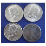 4-90% Silver Half Dollars(3-1964 Kennedy,1-no date